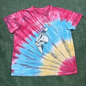 Ed Hardy T Shirt Women's Size XL Multicolor Short Sleeve Tie Dye Skull Logo Tee